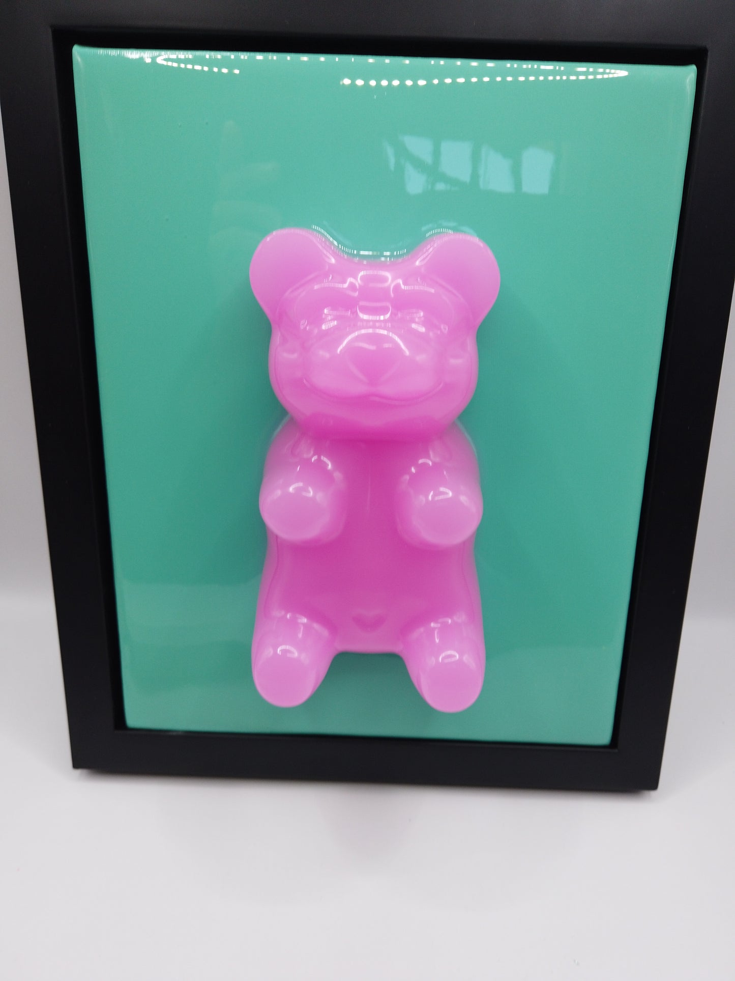 6" Pink Bear on Teal Canvas *Framed