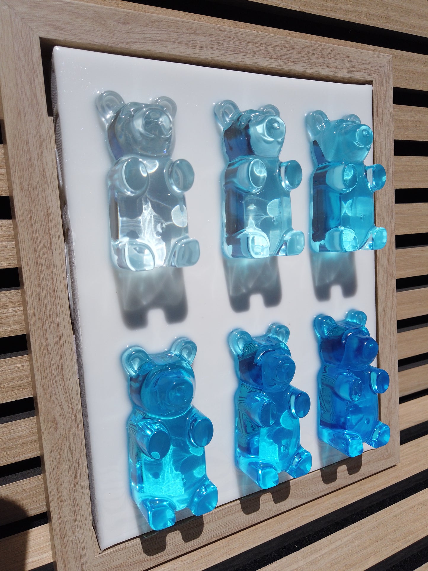 (6) 3" Blue Ombre Bears On Canvas & Frame