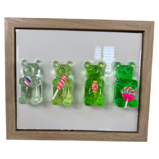 (4) 3" Green Candy Ombre Bears On Canvas & Frame