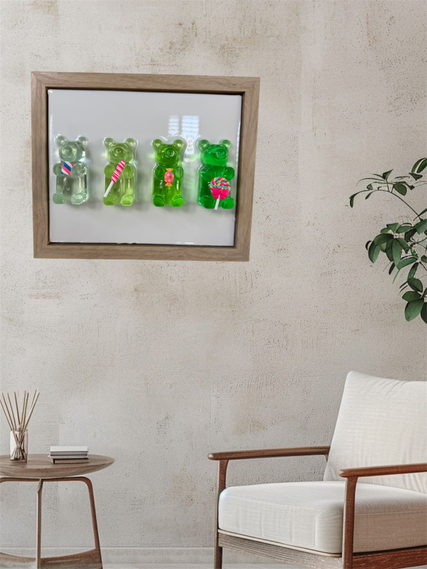 (4) 3" Green Candy Ombre Bears On Canvas & Frame