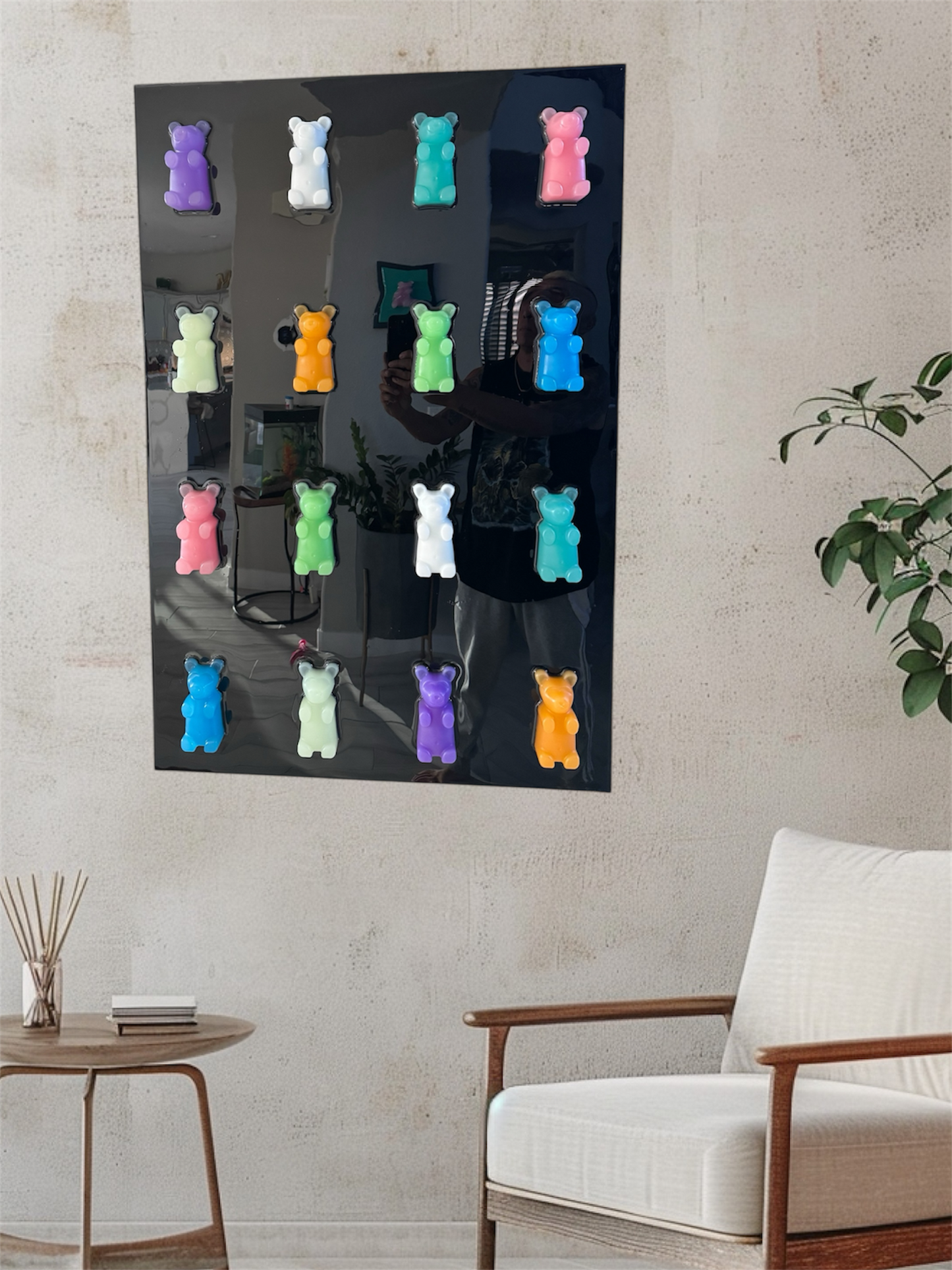 24x36” Resin Gummy Bear Art Black Panel –  Pop Art Wall Decor (16 Large 4" Bears)
