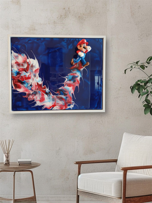 Iconic Jumping Mario Resin Wall Art | Red, White & Blue | 10x14 Wood Panel
