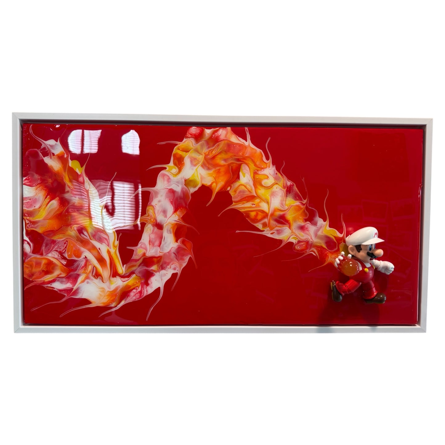 Fiery Super Mario Resin Framed Wall Art | 20x10 Wood Panel | Pop Art Gaming Decor