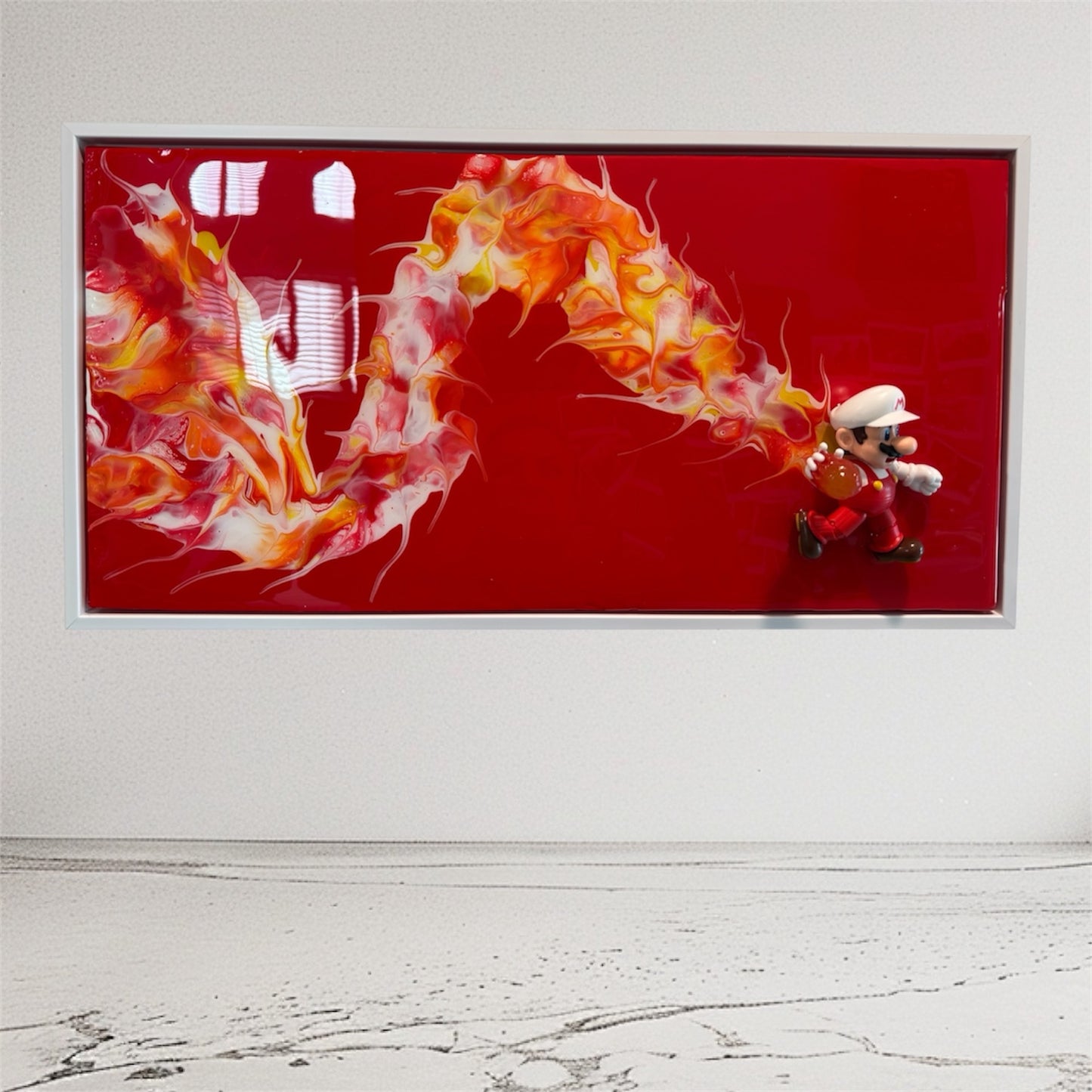 Fiery Super Mario Resin Framed Wall Art | 20x10 Wood Panel | Pop Art Gaming Decor