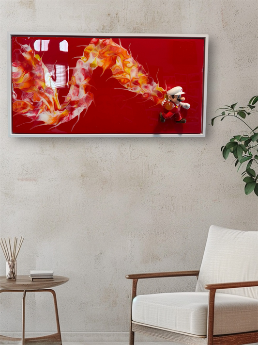 Fiery Super Mario Resin Framed Wall Art | 20x10 Wood Panel | Pop Art Gaming Decor