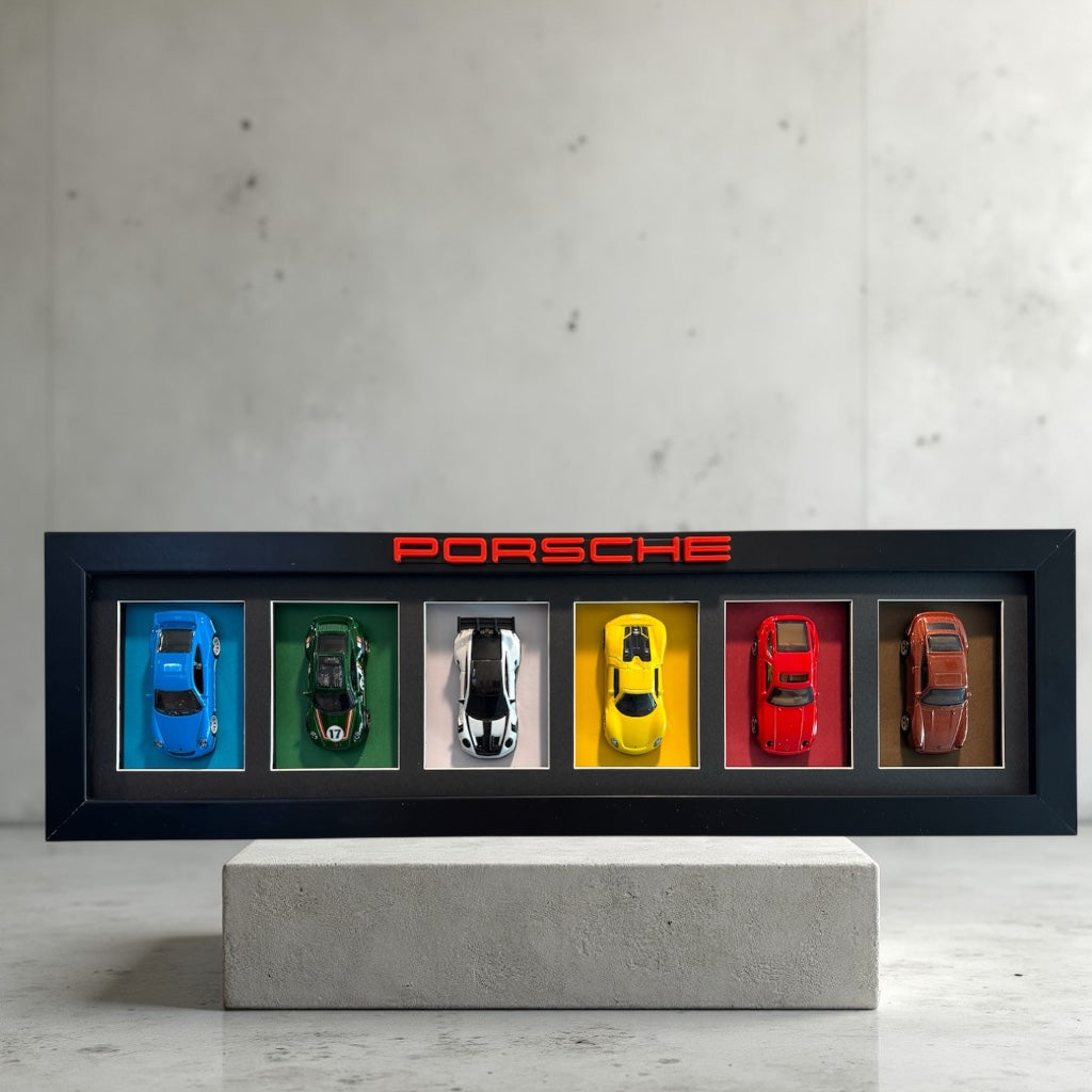 Framed 6-Car Porsche Diecast Display | Collector Wall Art Shelf Display or Wall Mount