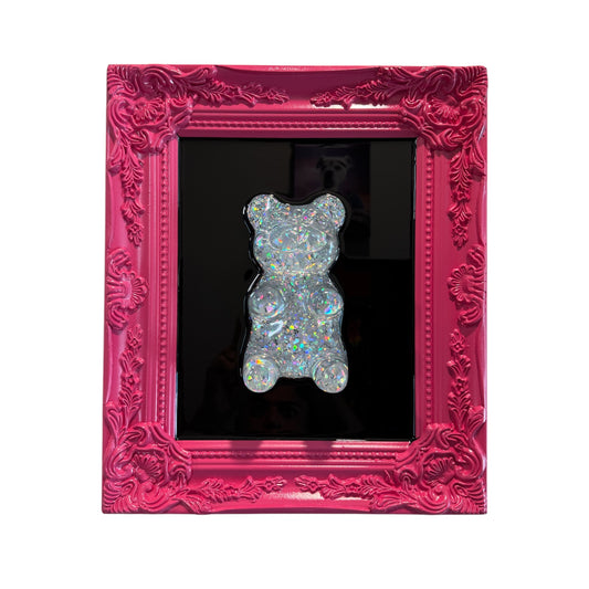 Holographic Resin Disco Gummy Bear Wall Pop Art - Pink Frame