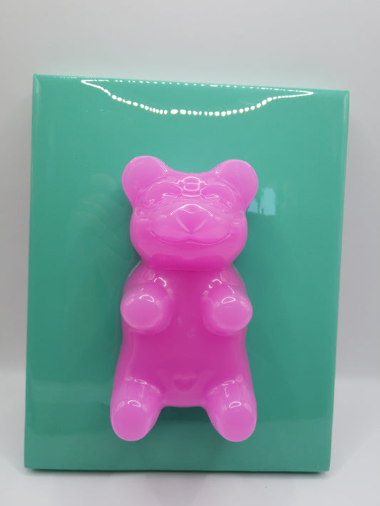 6" Pink Bear on Teal Canvas