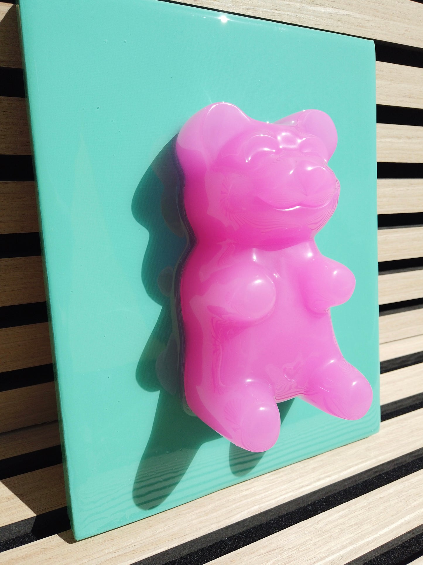 6" Pink Bear on Teal Canvas