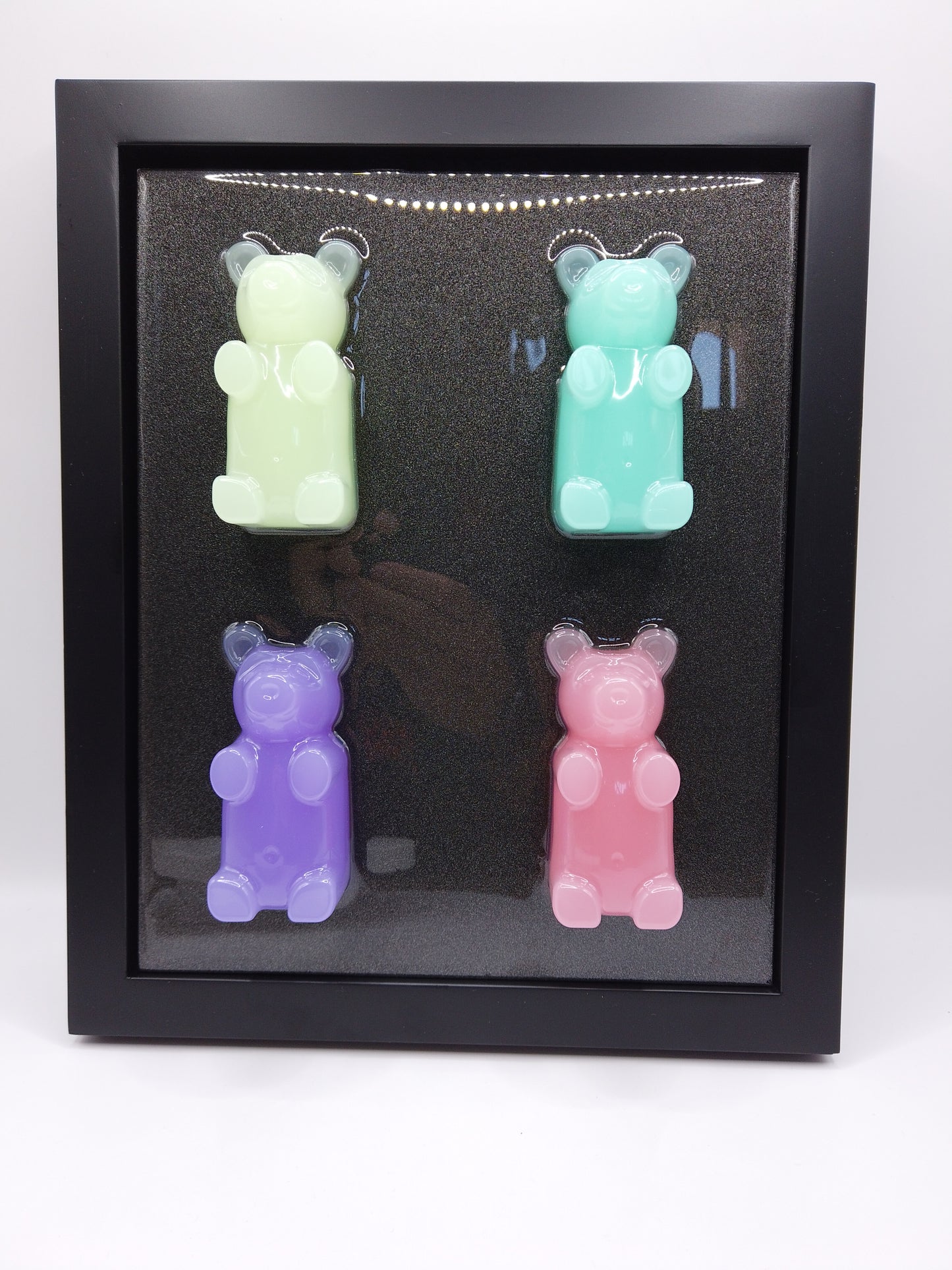 (4) 3" Pastel Bears On Black Canvas & Frame