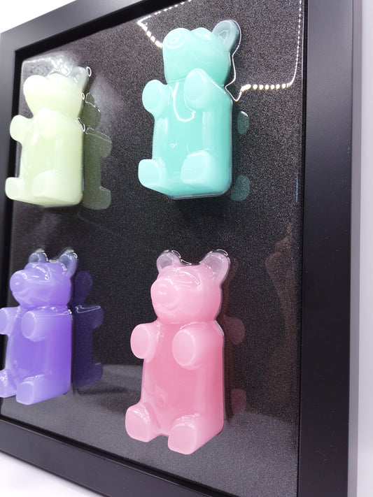 (4) 3" Pastel Bears On Black Canvas & Frame