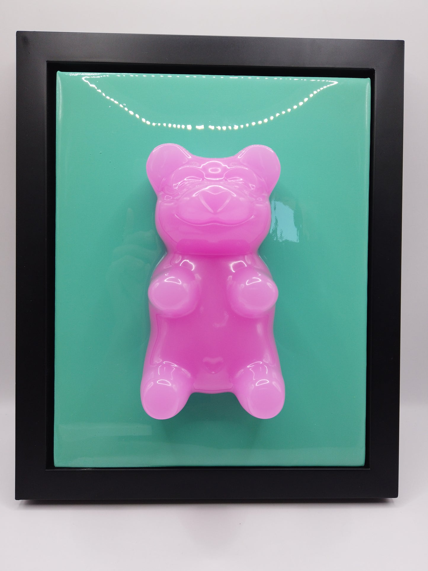 6" Pink Bear on Teal Canvas *Framed