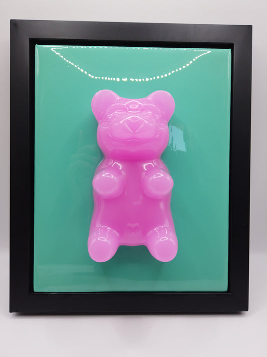 6" Pink Bear on Teal Canvas *Framed