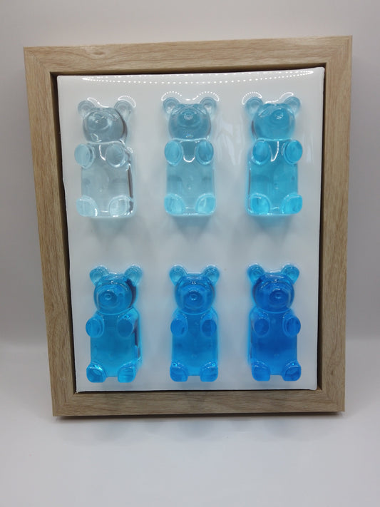 (6) 3" Blue Ombre Bears On Canvas & Frame